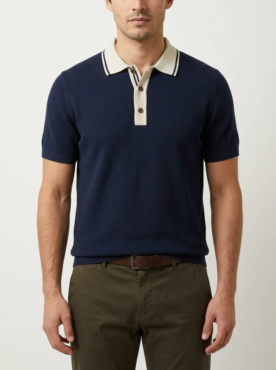 Men's Casual Navy Textured Contrast Collar Button Polo Shirt