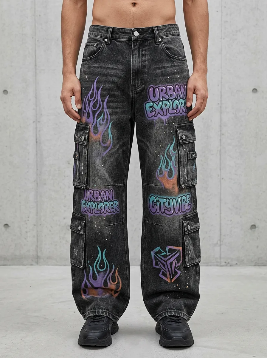 Men's Urban Explorer Flame Graffiti Cargo Jeans