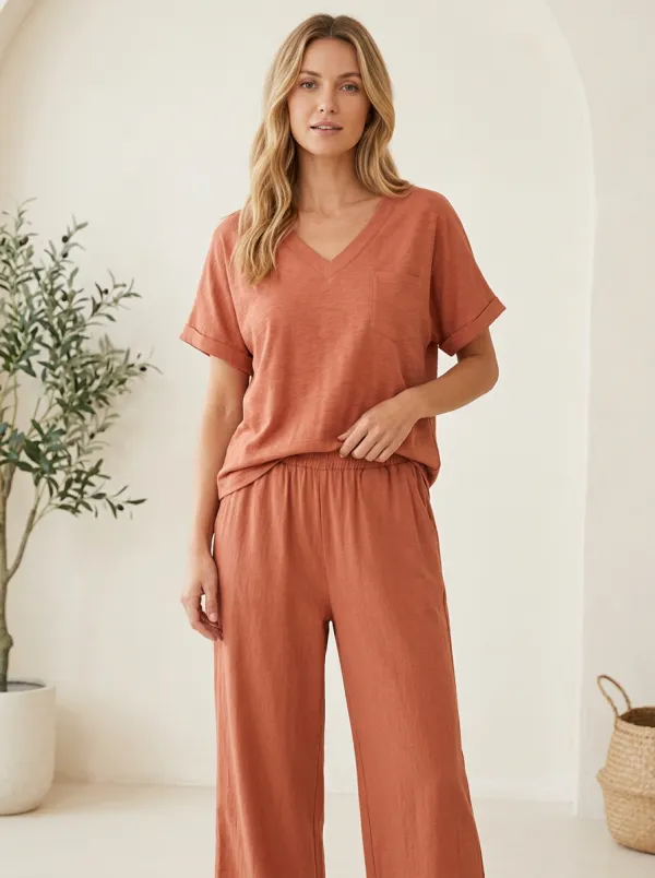 Pocket Short-Sleeve Ribbed Women's V-Neck Casual Lounge Set