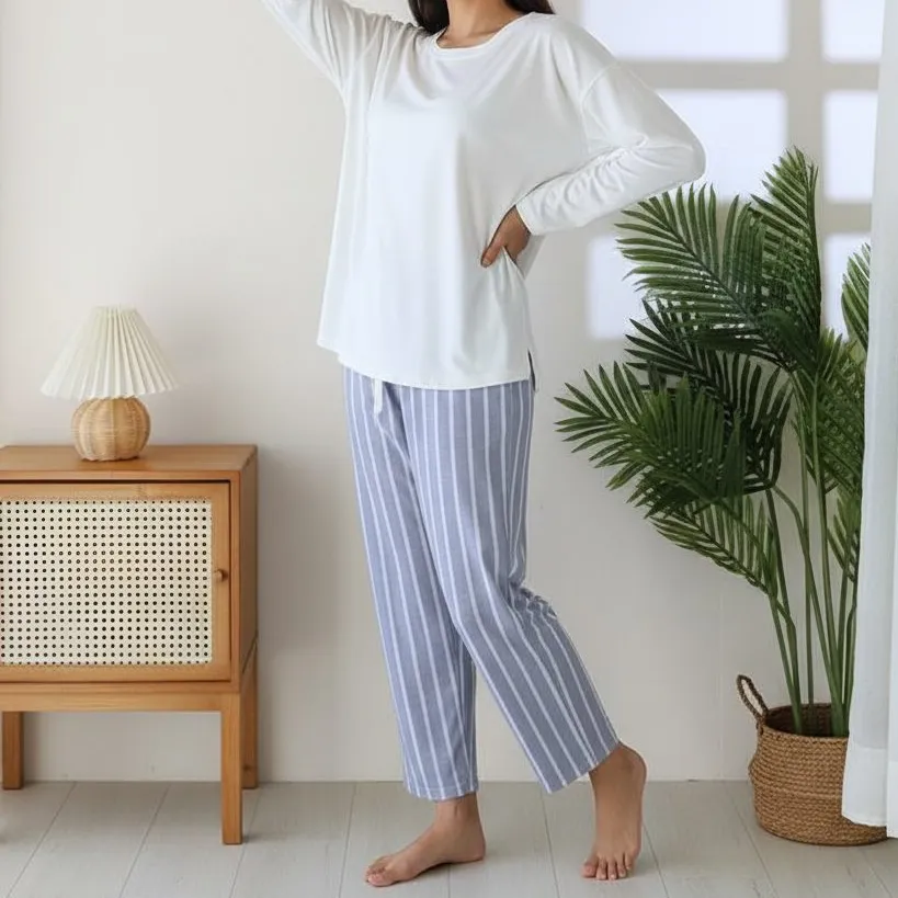 Striped Contrast Trousers with T Shirt Pajama Set