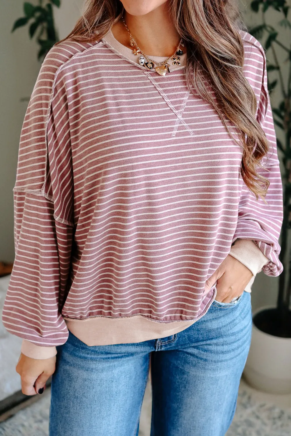 Pink Stripe Exposed Stitching Patchwork Top