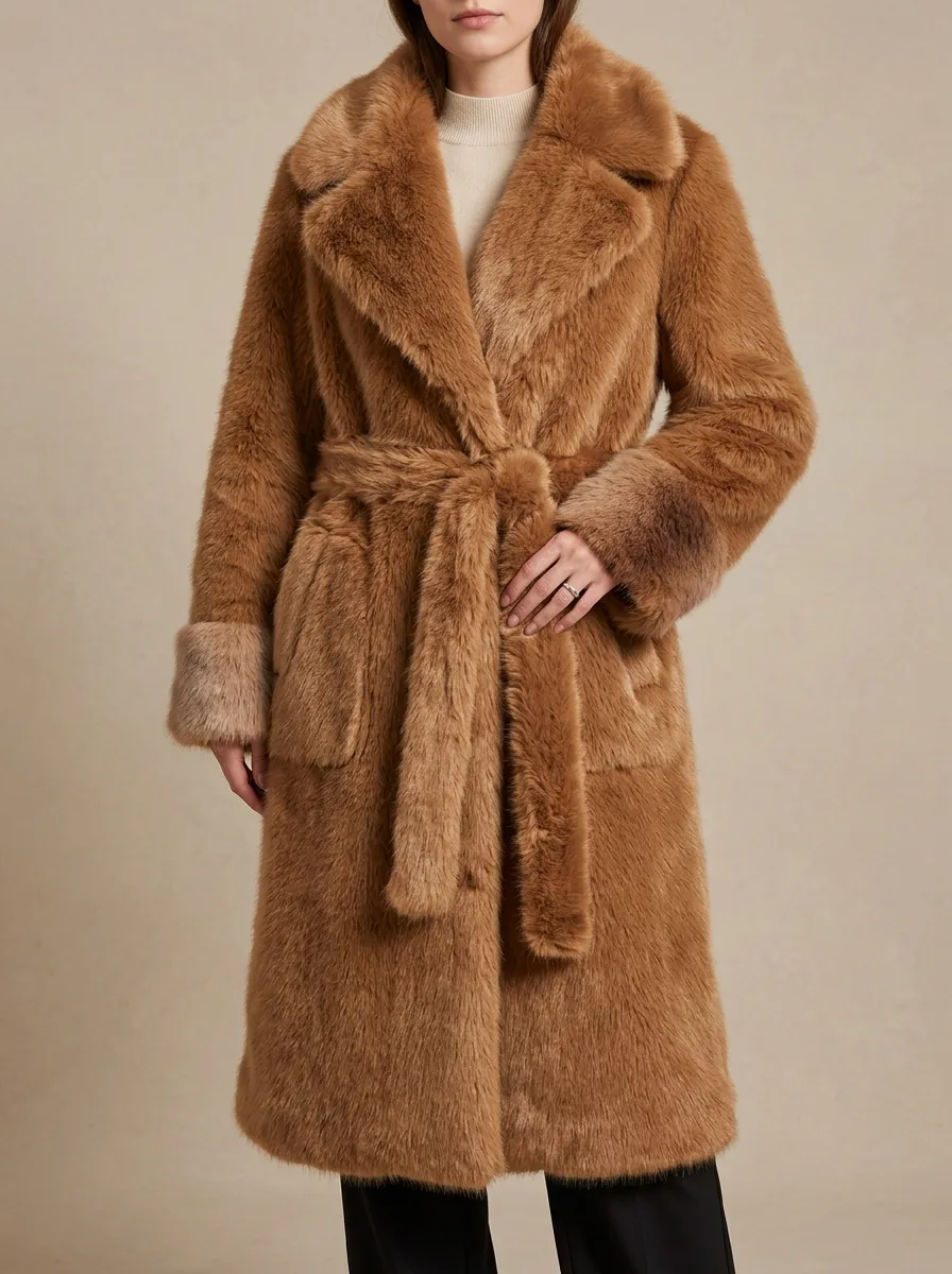 Front Pockets Belted Faux Fur Coat