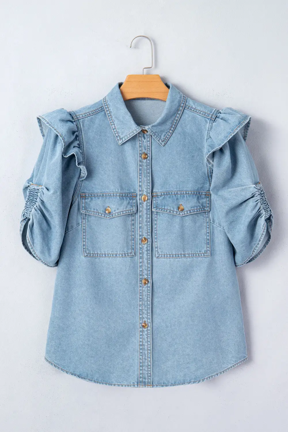 Women's Denim Puff Sleeve Button Front Blouse