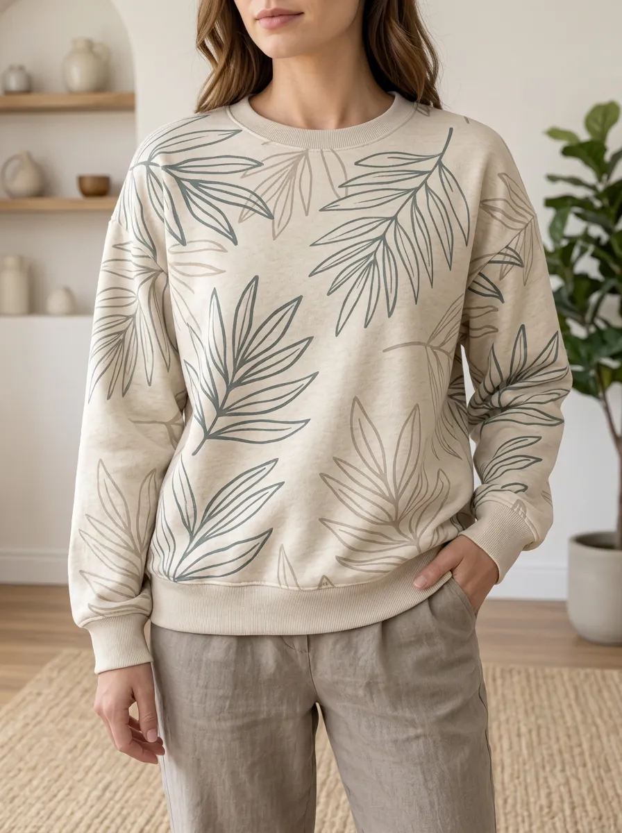 Women's Botanical Nature Lover Palm Leaf Printed Fleece Sweatshirt