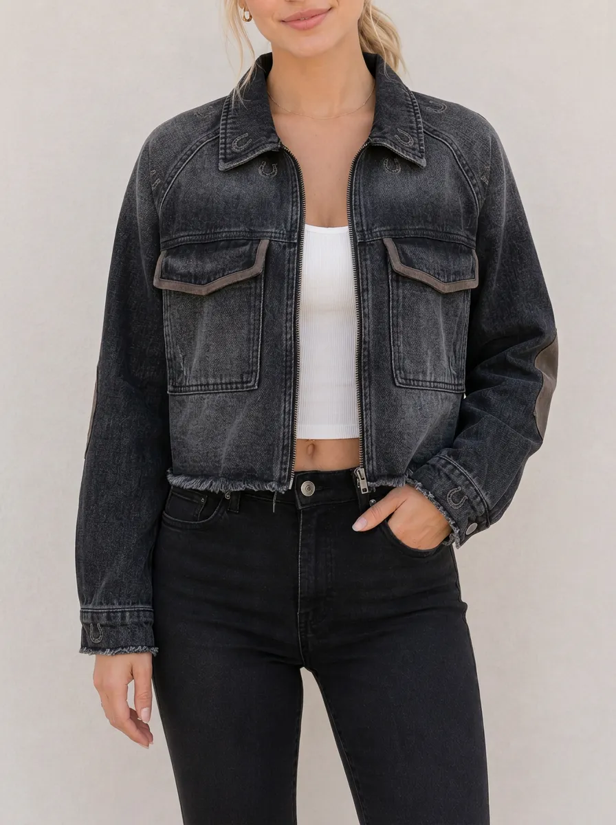 Women's Western Horseshoe Embroidered Washed Black Denim Jacket