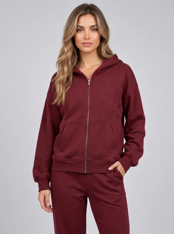 Women's Sage Green Floral Line Art Embroidered Zip-Up Hoodie Jacket & Wide-Leg Pants Set