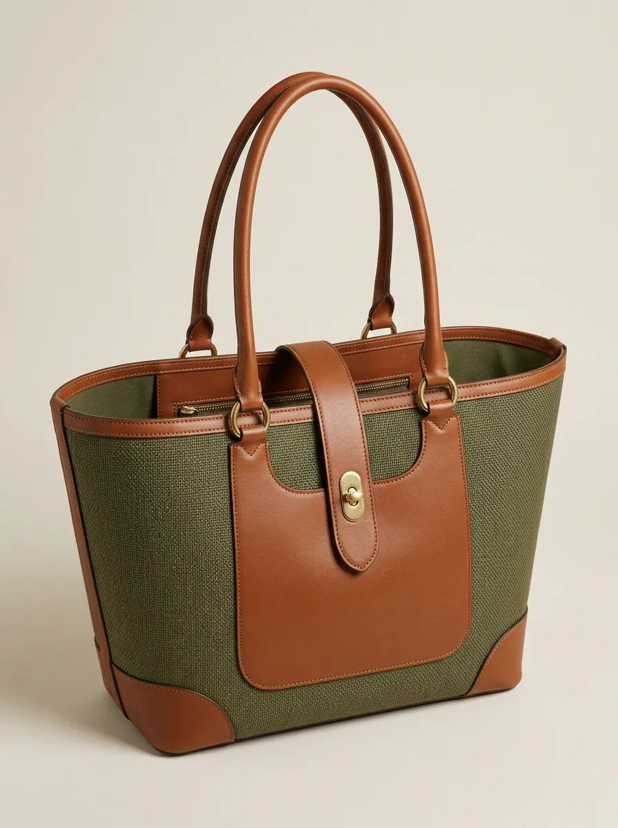 Classic Woven Leather-Trim-Look Women's Tote Bag