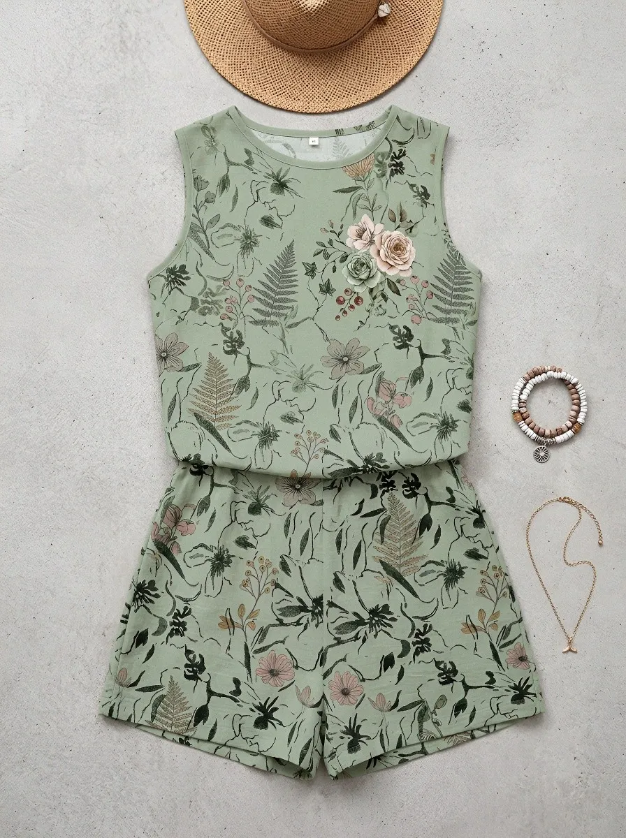 Women's Botanical Garden Floral Fern Printed Sleeveless Set