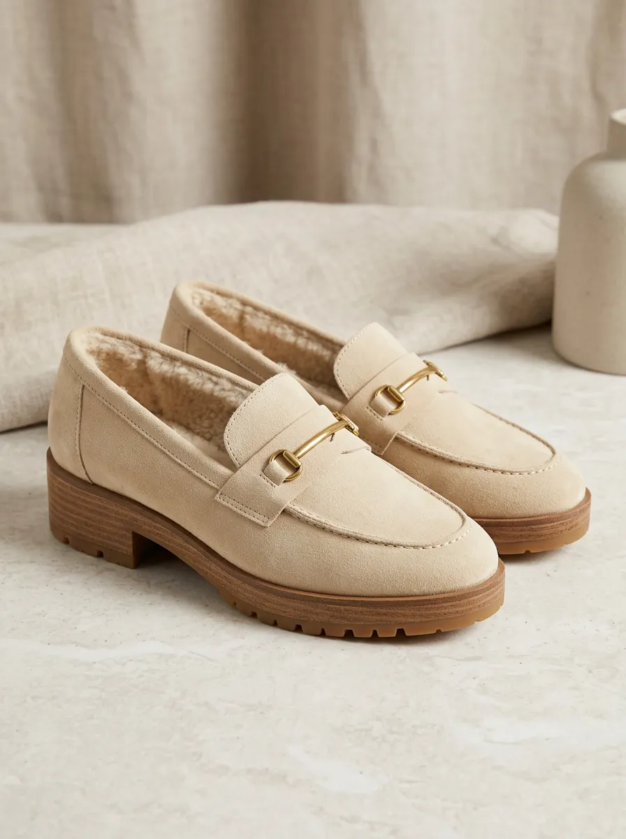 Women's Classic Faux Fur Lined Metal Detail Suede Wood Sole Loafers