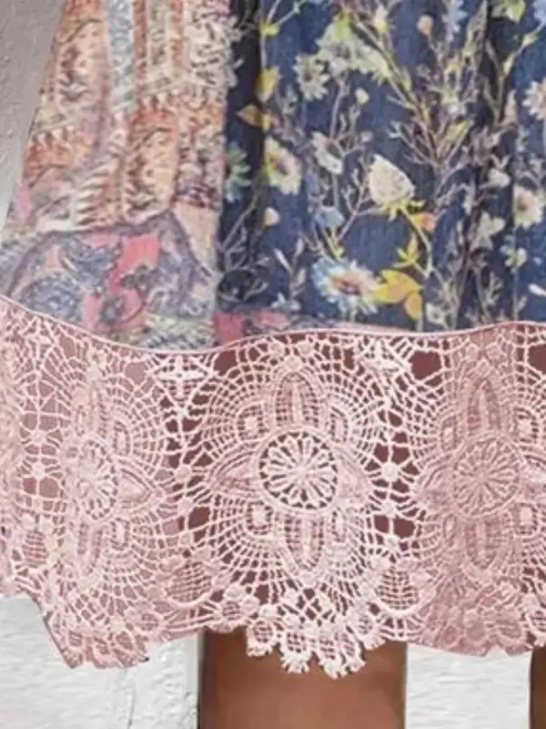 Layered Detail Floral Lace V Neck Dress
