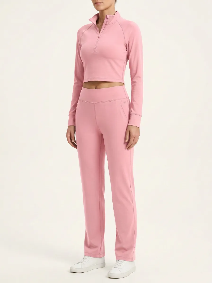 Women's Mock-Neck Quarter-Zip Crop Top and Straight-Leg Trouser Set