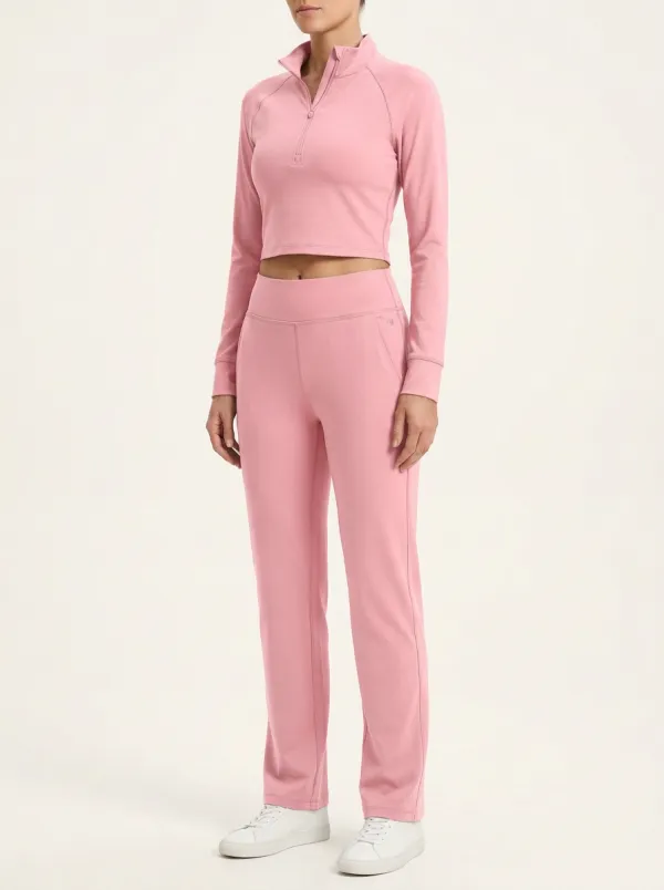 Women's Mock-Neck Quarter-Zip Crop Top and Straight-Leg Trouser Set