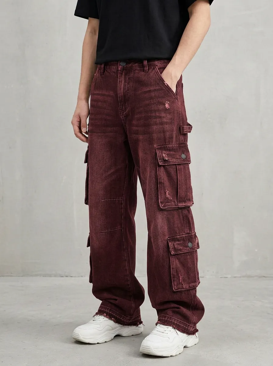 Men's Streetwear Distressed Black Denim Multi-Pocket Cargo Jeans