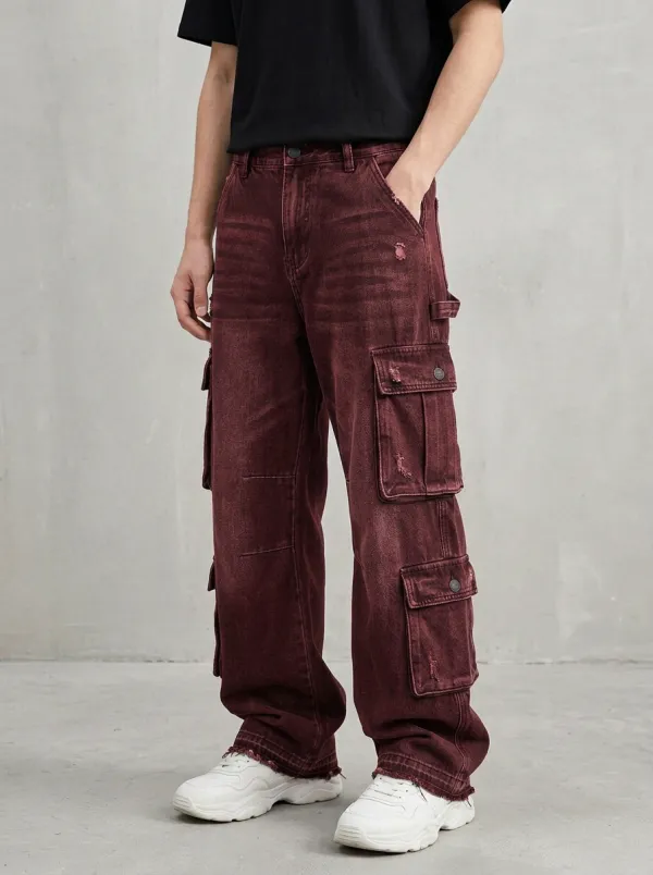 Men's Streetwear Distressed Black Denim Multi-Pocket Cargo Jeans