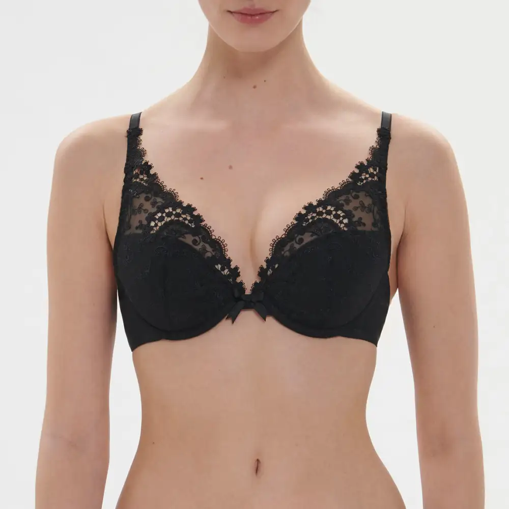 Women's Push-Up Plunge Padded Adjustable Straps Floral Lace Guipure Lace Embroidery Jacquard Bra