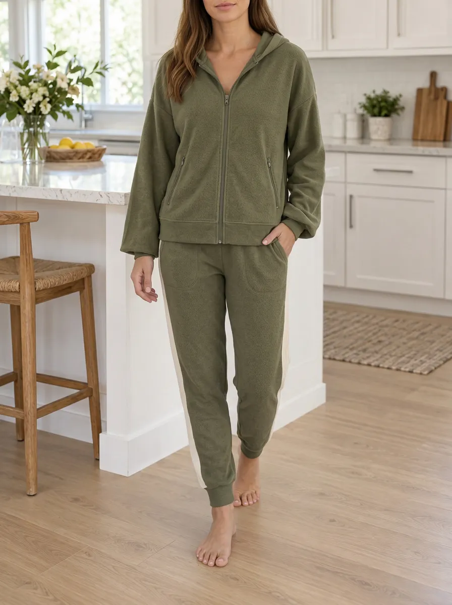 Women's Side Striped Ribbed Zip Hoodie Jogger Set