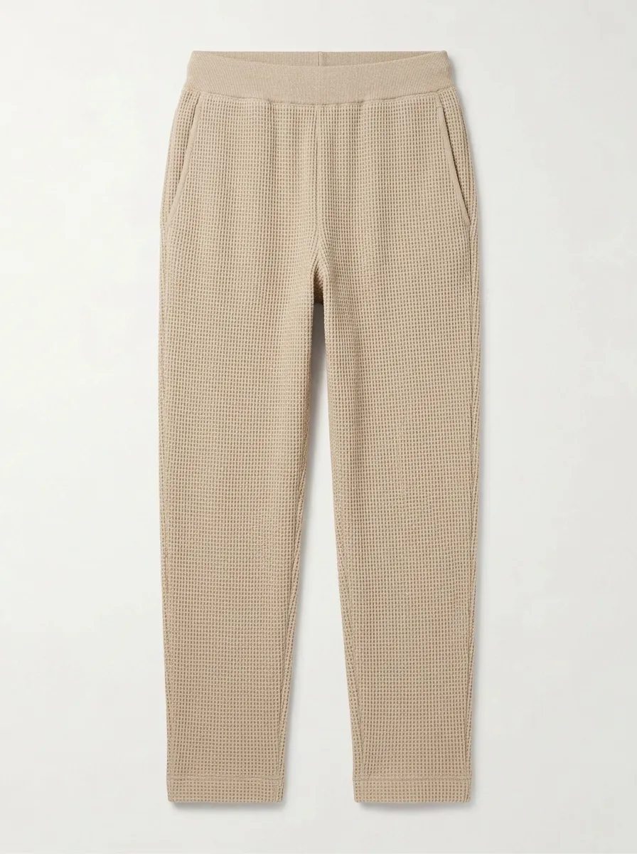 Unisex Casual Beige Waffle Knit Elastic Waist Jogger Pants for Daily Wear