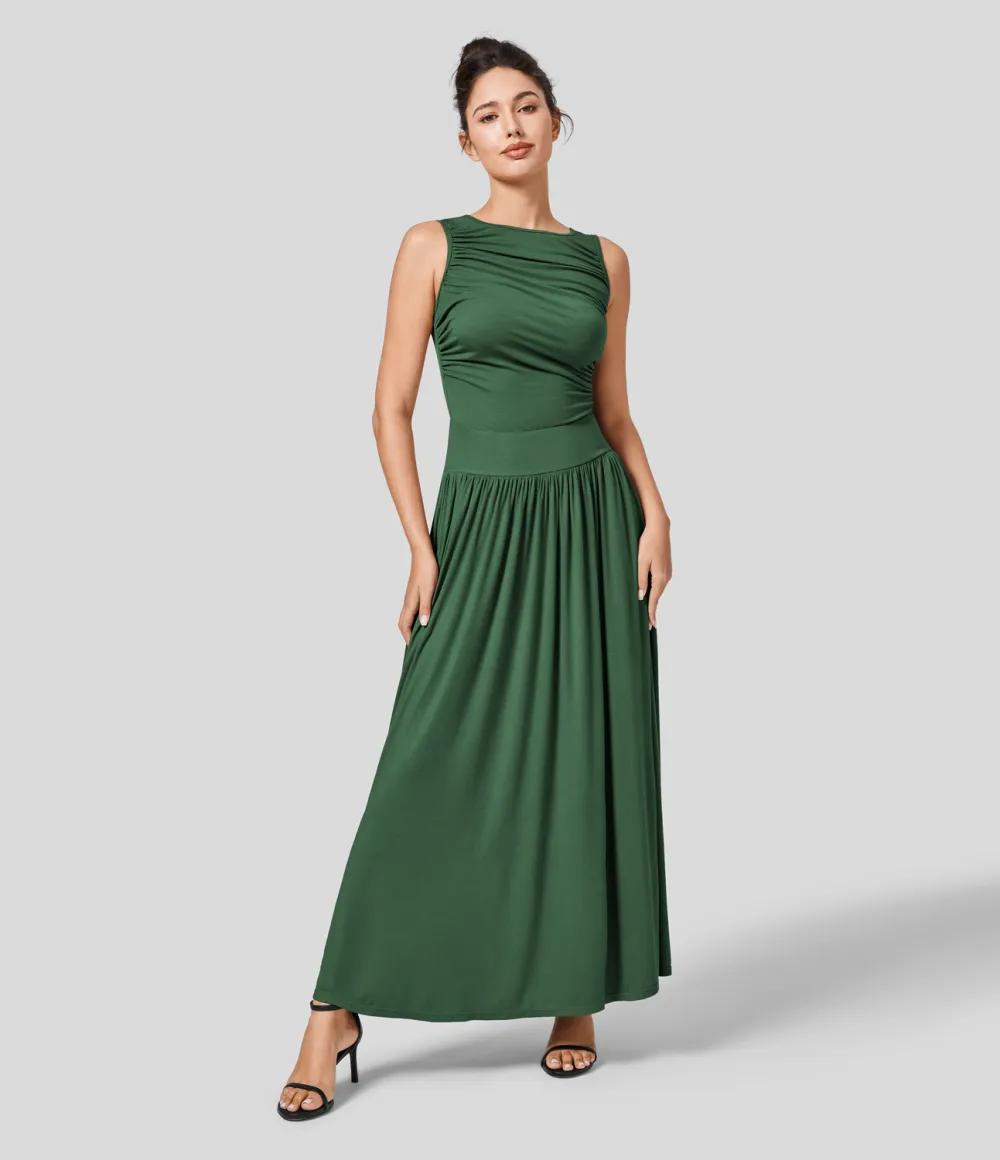 Ribbed Boat Neck Ruched Side Pocket Flowy Maxi Casual Dress