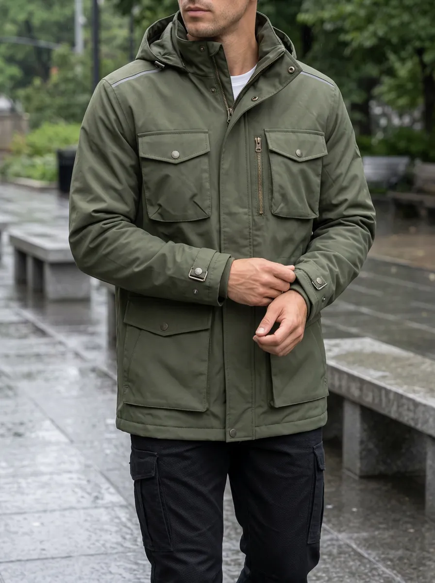 Men's Olive Green Waterproof Hooded Jacket with a Hood and Flap Pockets