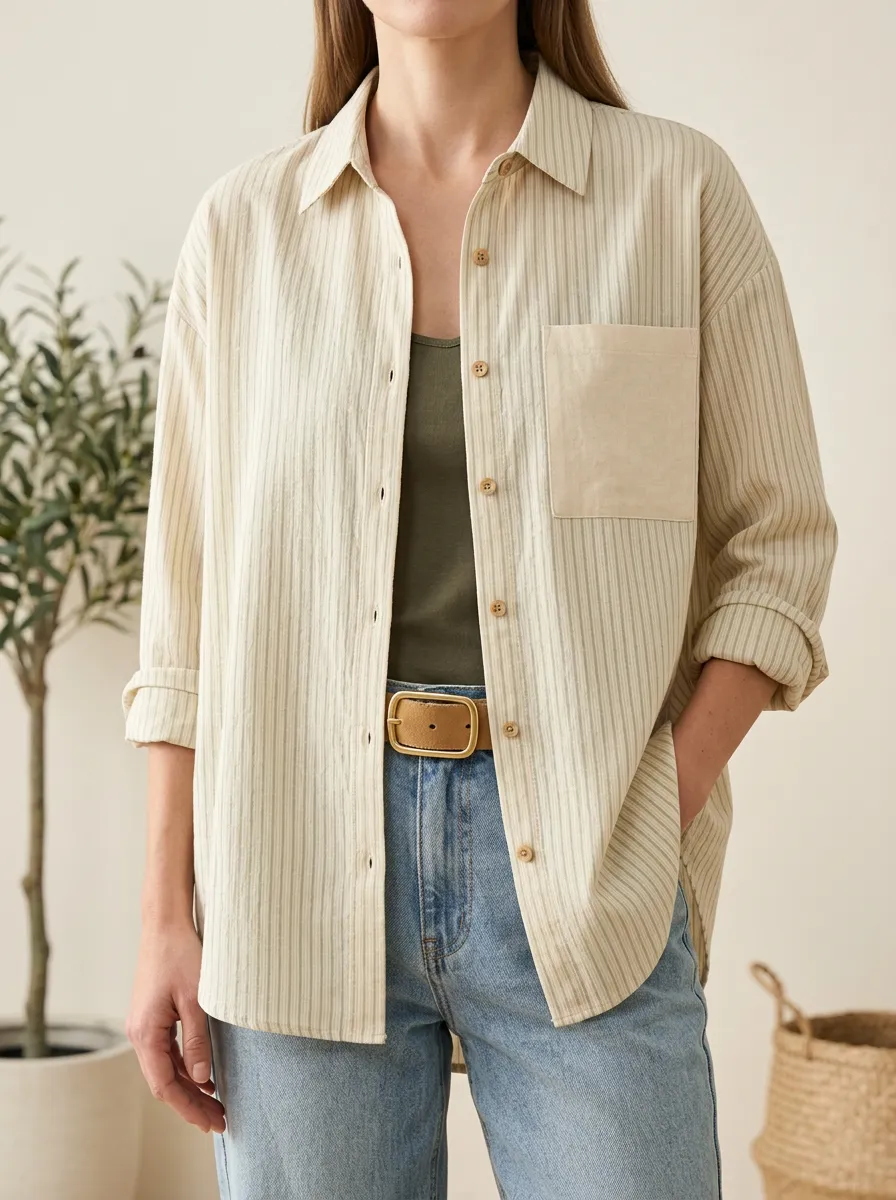 Women's Casual Minimalist Beige Striped Pocket Button-Down Shirt