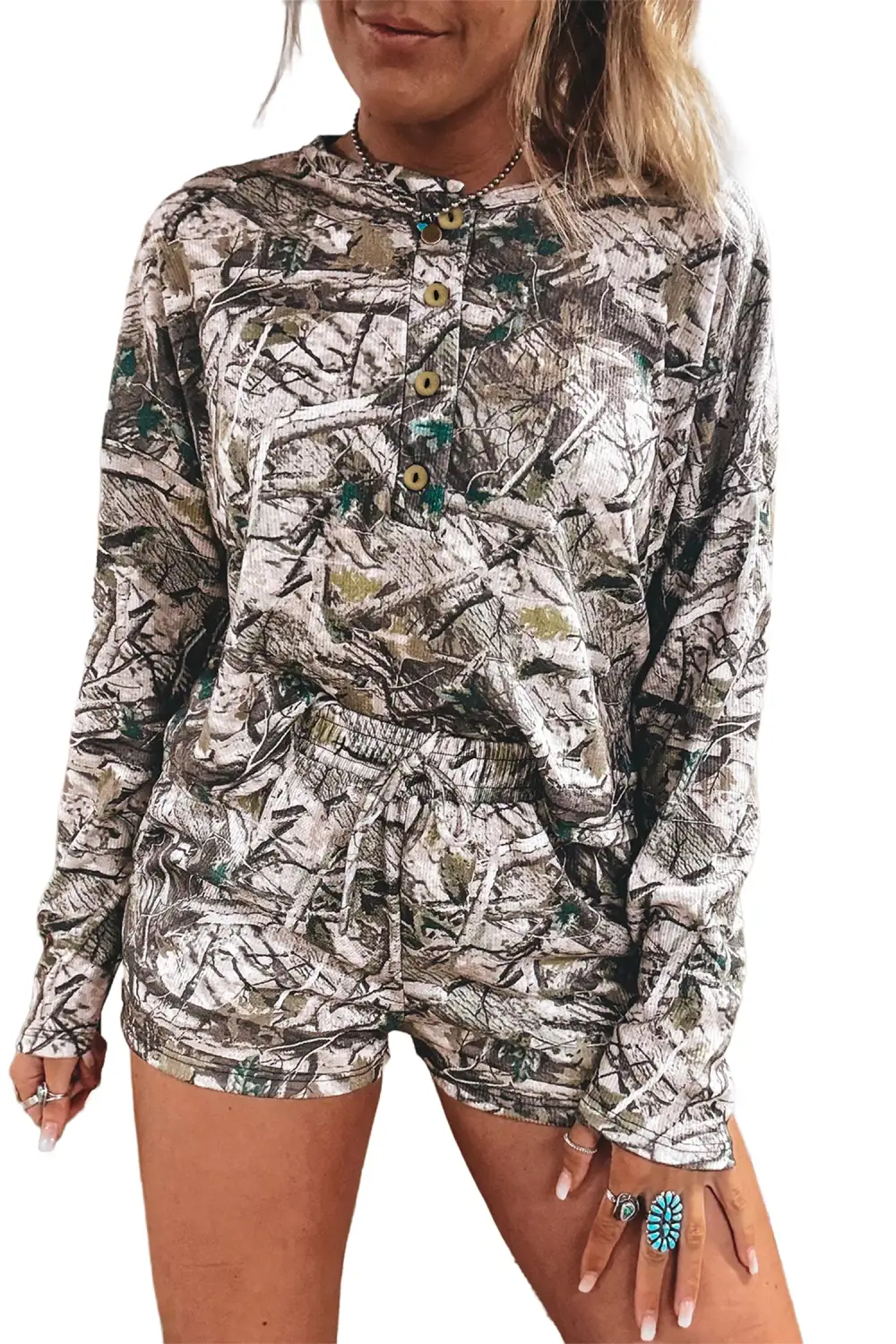 Women's Camo Long Sleeve Top Elastic Waist Shorts Two Piece Set