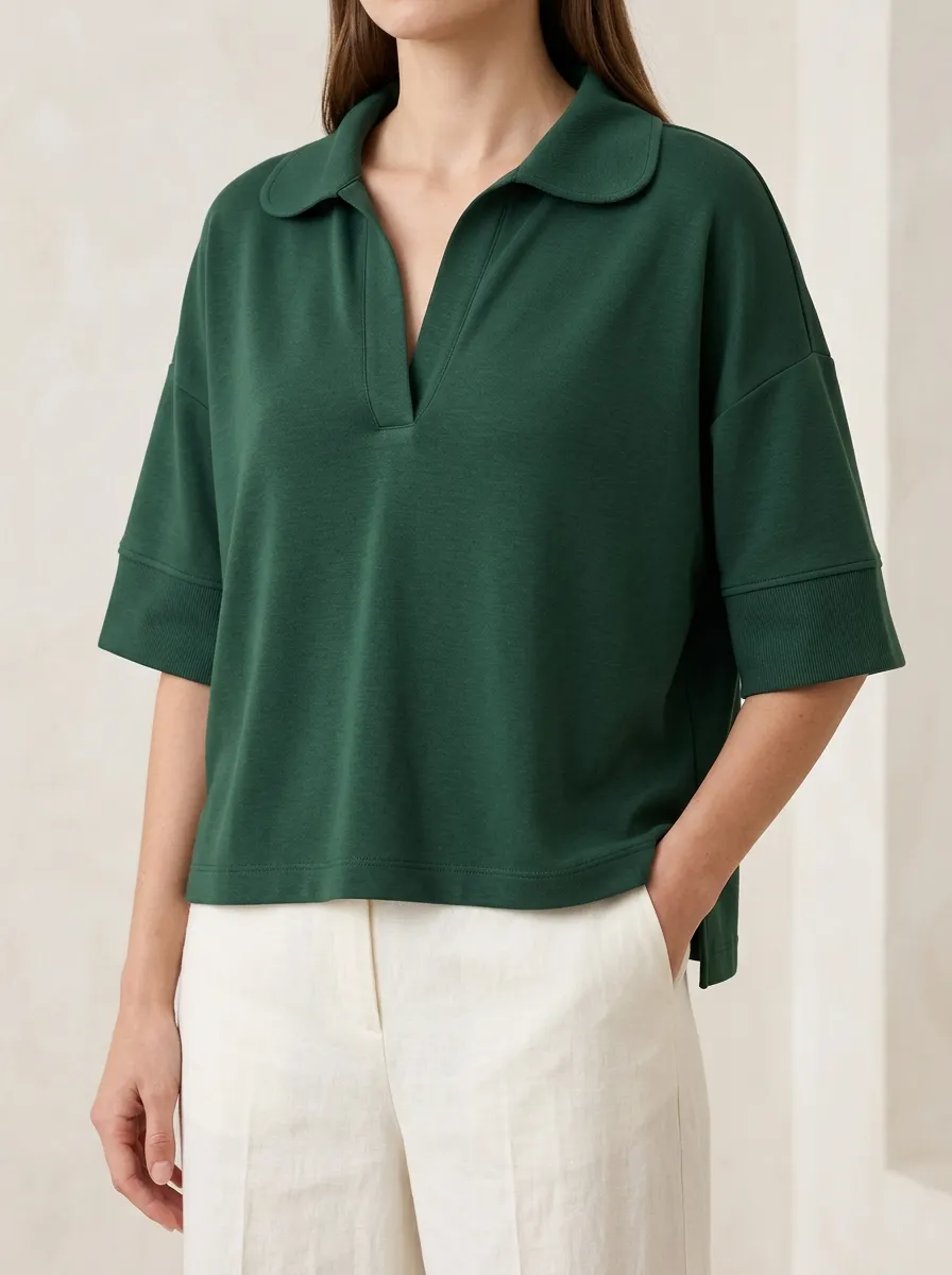 Women's Deep Green Open Neck Polo with Minimal Finish
