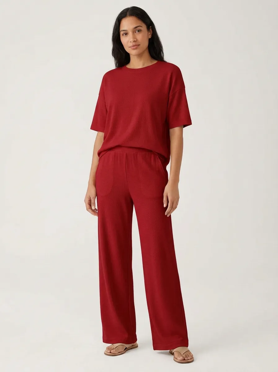 Women's Ribbed Drop-Shoulder Top And Patch-Pocket Wide-Leg Trouser Lounge Set