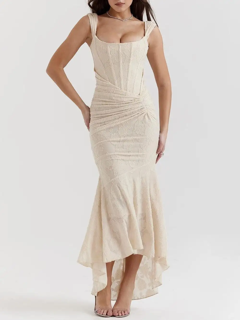 Women's Bodycon Jacquard Floral Ruched Dress