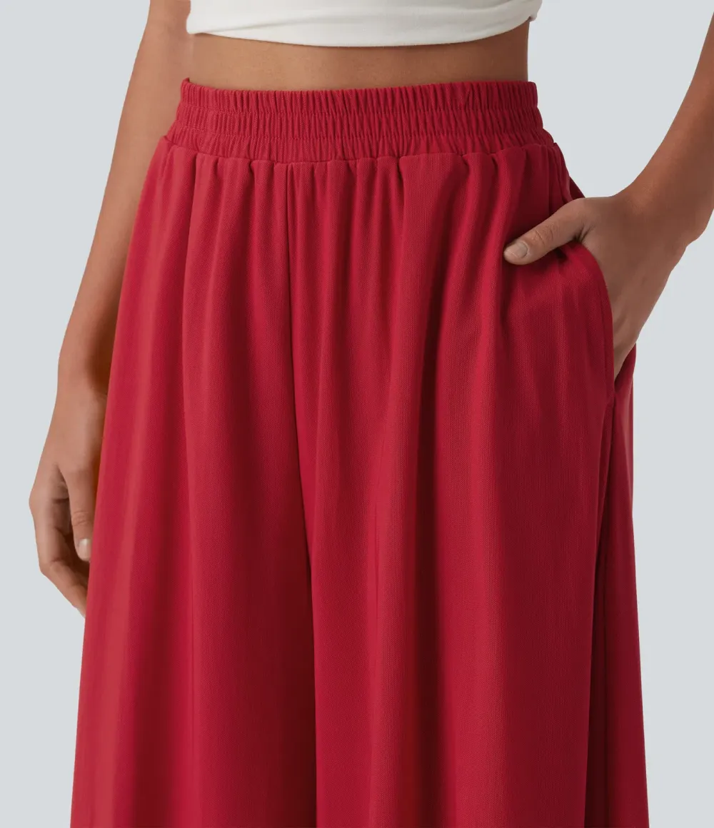 High Waisted Pocket Mesh Overlay Wide Leg Casual Pants