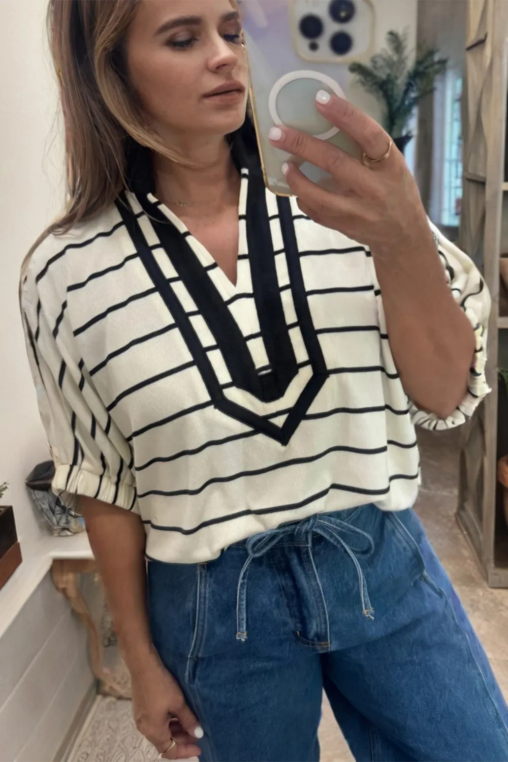 White Stripe Stand Collar V Neck Top