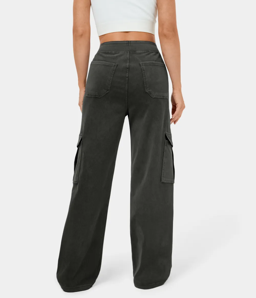 Magic Mid Rise Multiple Pockets Straight Leg Stretchy Knit Casual Cargo Jeans