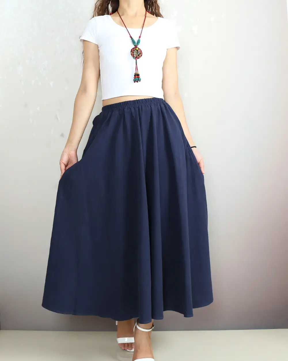 Boho Linen Flared Midi Skirt
