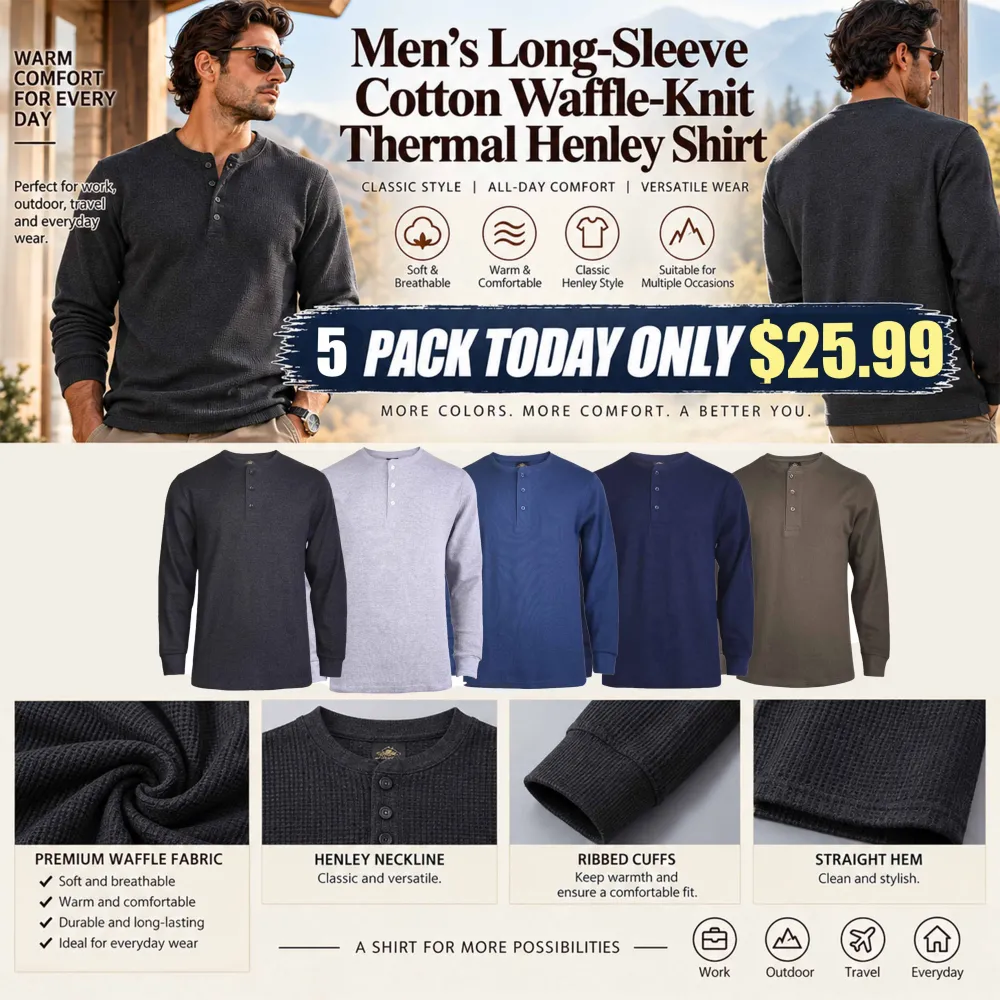 Men's Long-Sleeve Cotton Waffle-Knit Thermal Henley Shirt