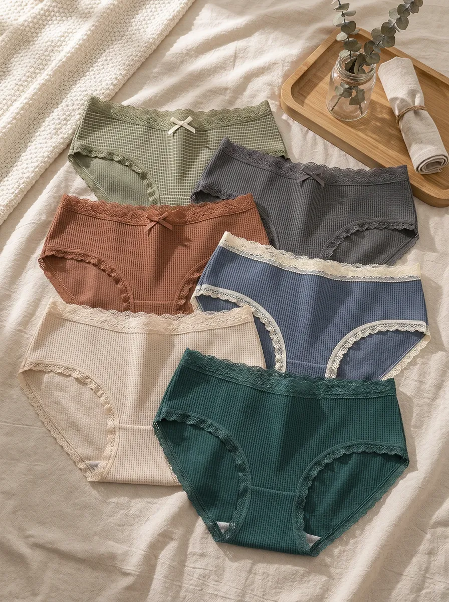 Women's Waffle Knit Lace Trim Bow Detail Printed 6-Pack Panty Set