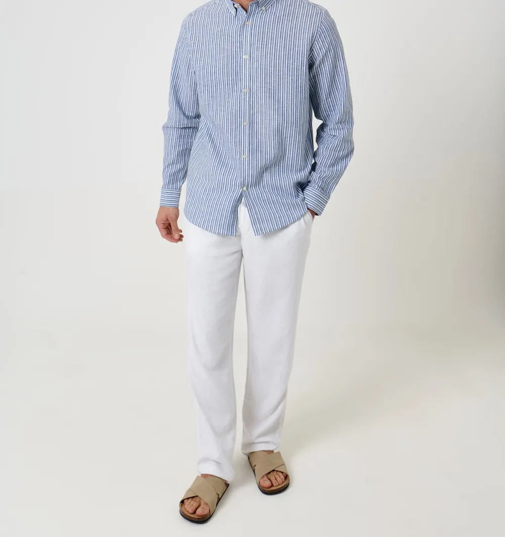 Men's Blue Stripe Linen Cotton Blend Long Sleeve Shirt