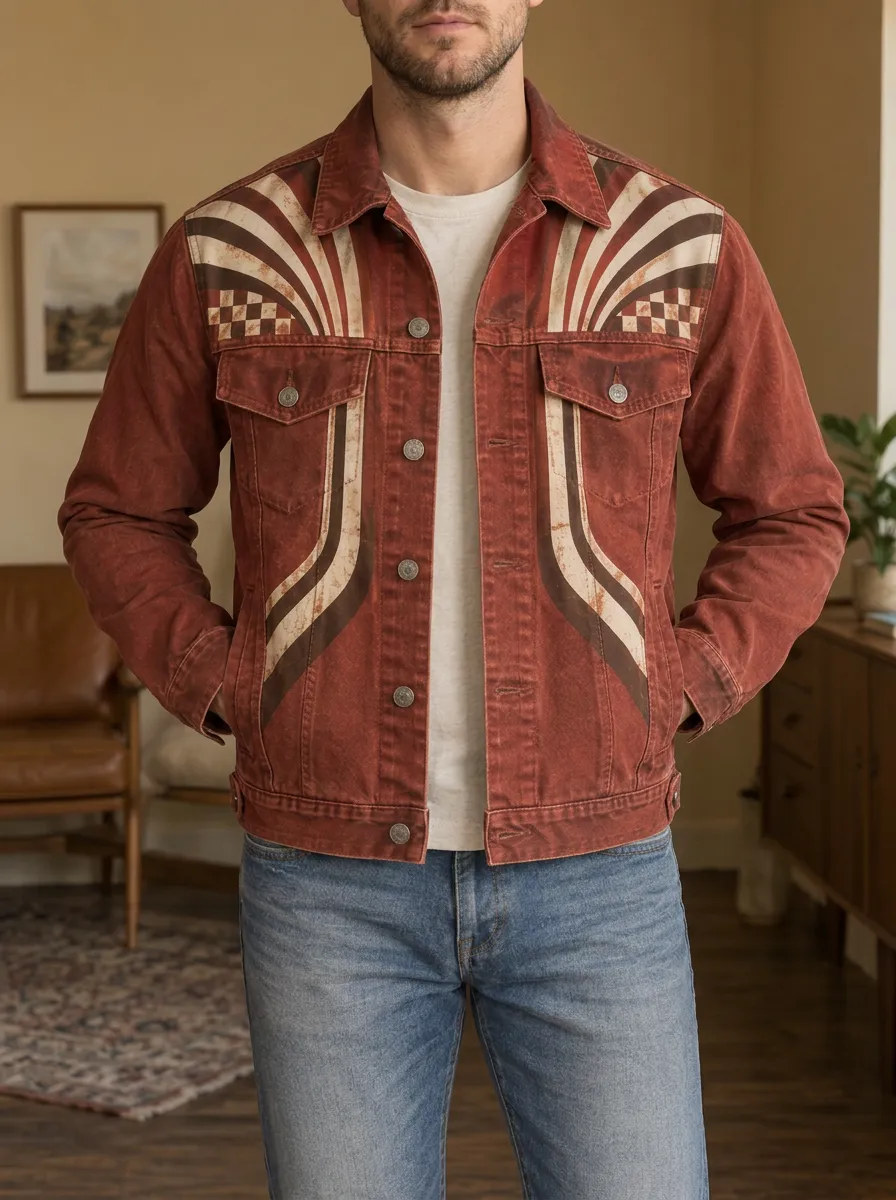 Men's Vintage Retro Checkerboard Striped Printed Denim Jacket