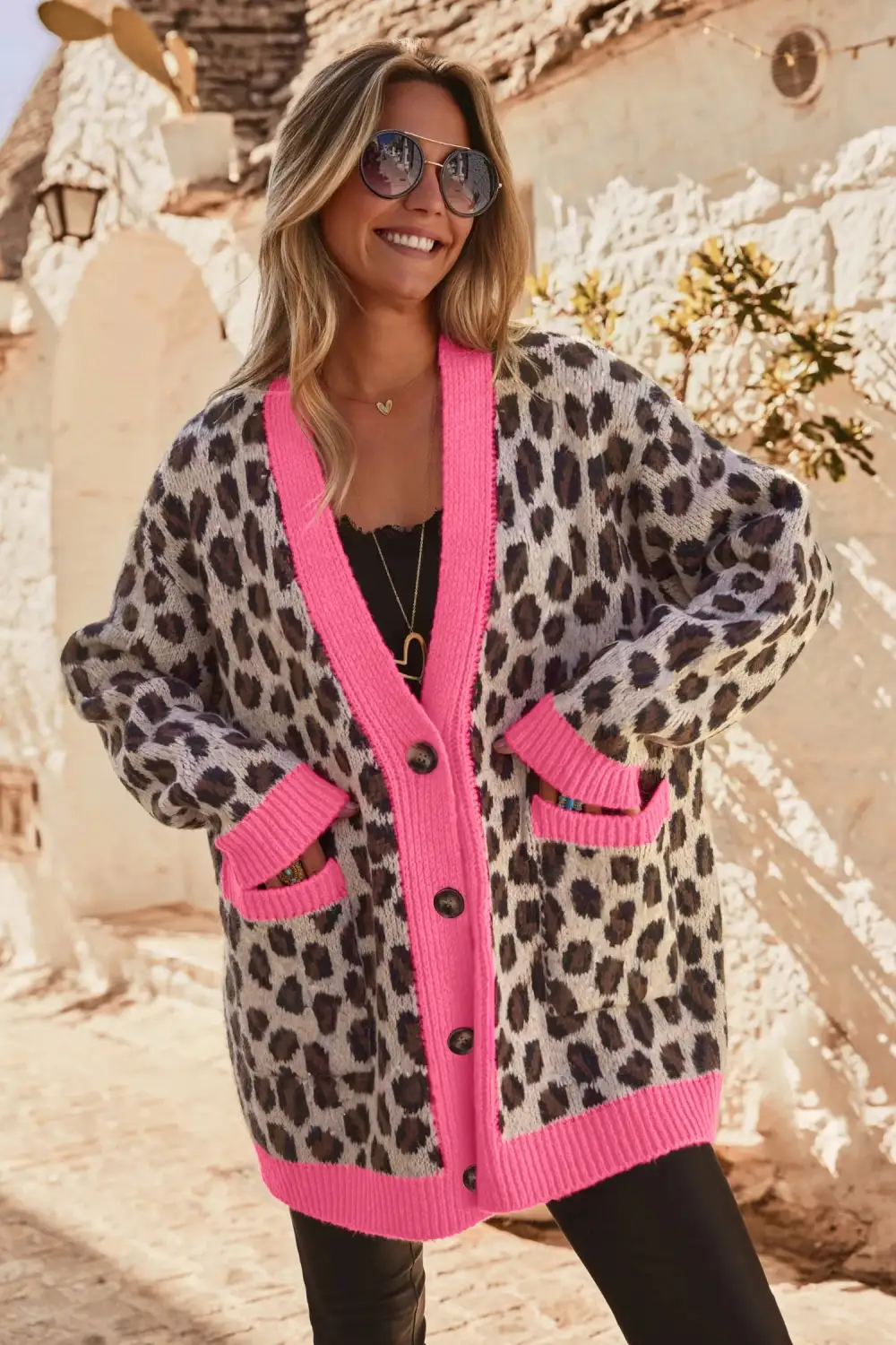 Oversized Color Block Trim Button Front Leopard Print Cardigan
