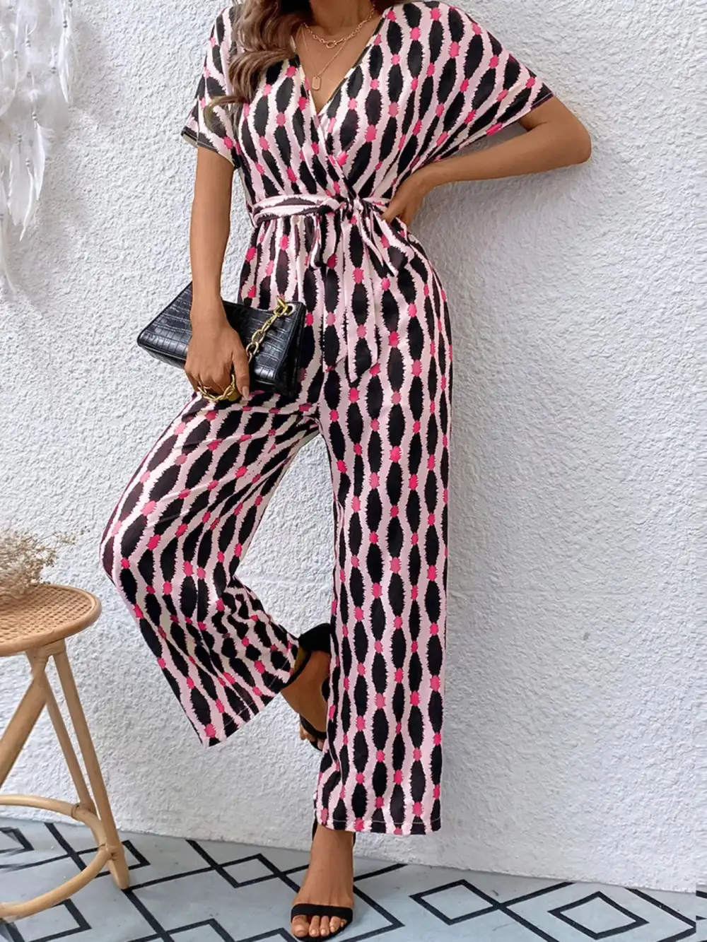Printed Surplice Tie Waist Short Sleeve Shorts
