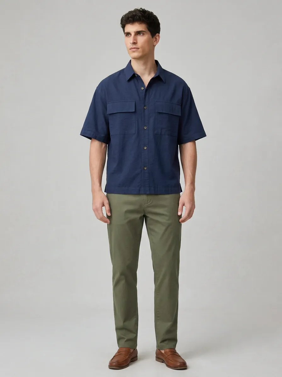 Men's Casual Navy Blue Double Pocket Short Sleeve Shirt