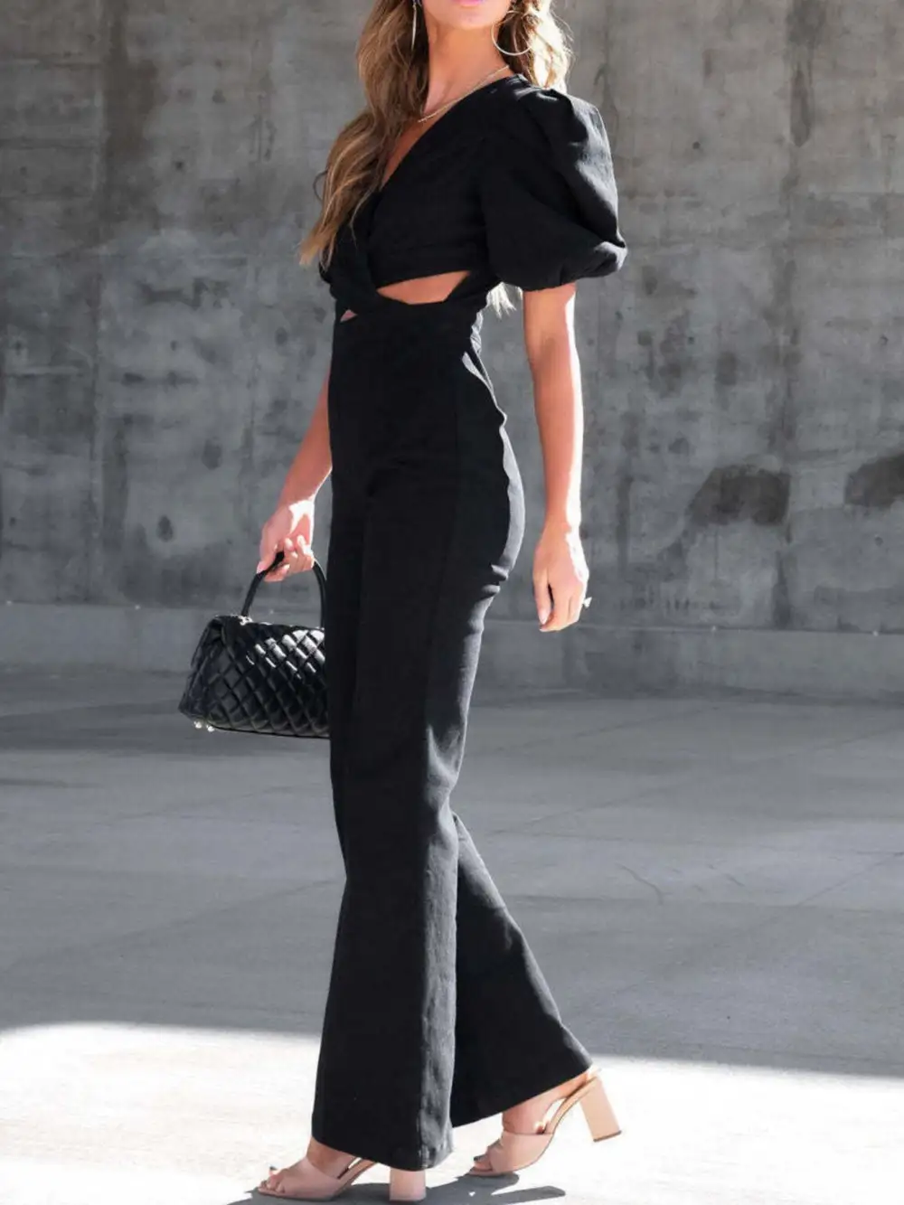 Panel Detail Puff Sleeve Jumpsuit Denim Pants