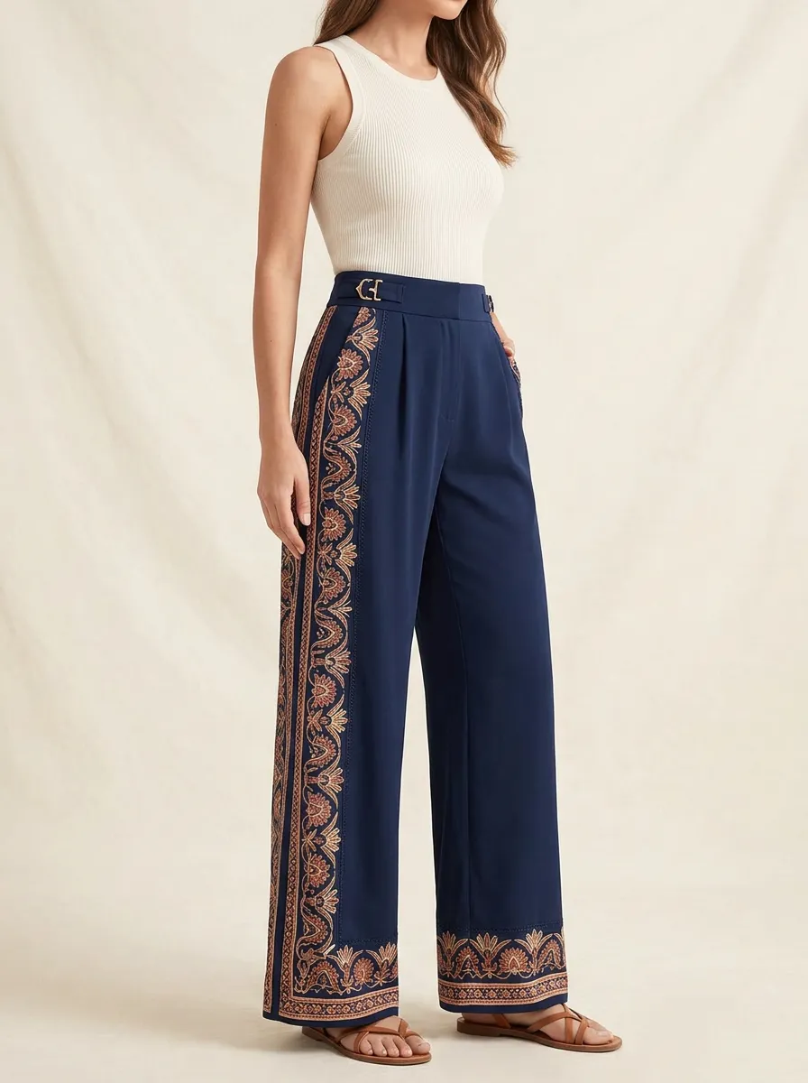 Women's Boho Style Floral Border Patterned High-Waist Wide-Leg Pants