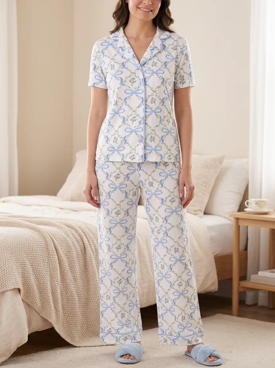 Women's Vintage Floral Ribbon Printed Pajama Set