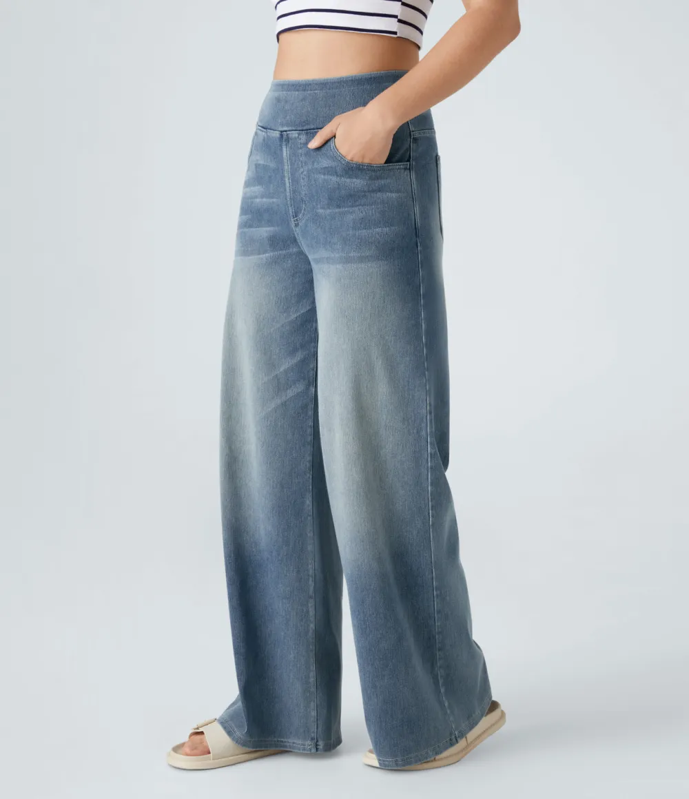Magic High Waisted Multiple Pockets Wide Leg Washed Stretchy Knit Casual Jeans