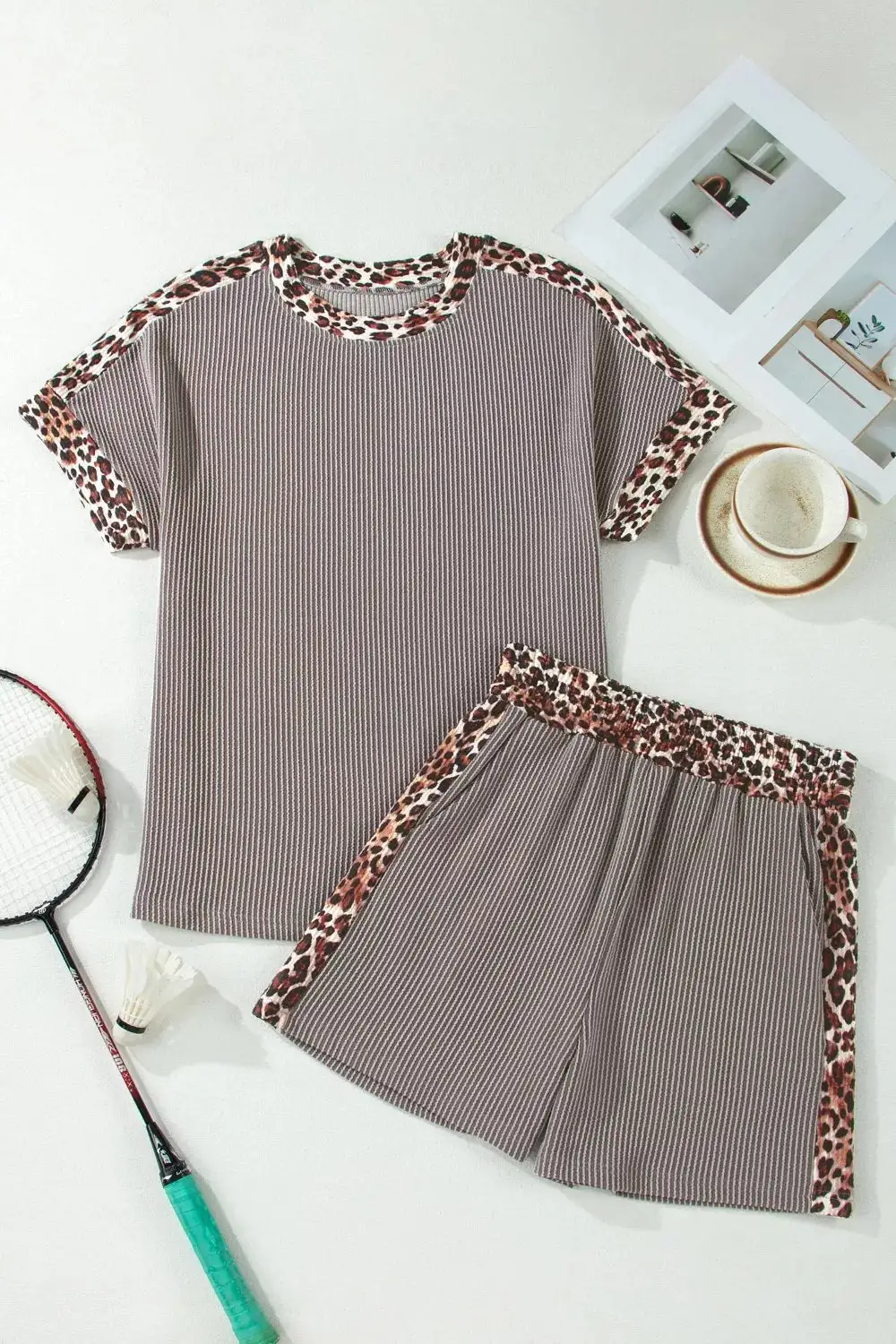 Leopard Trim Ribbed Knit Tee and Shorts Set