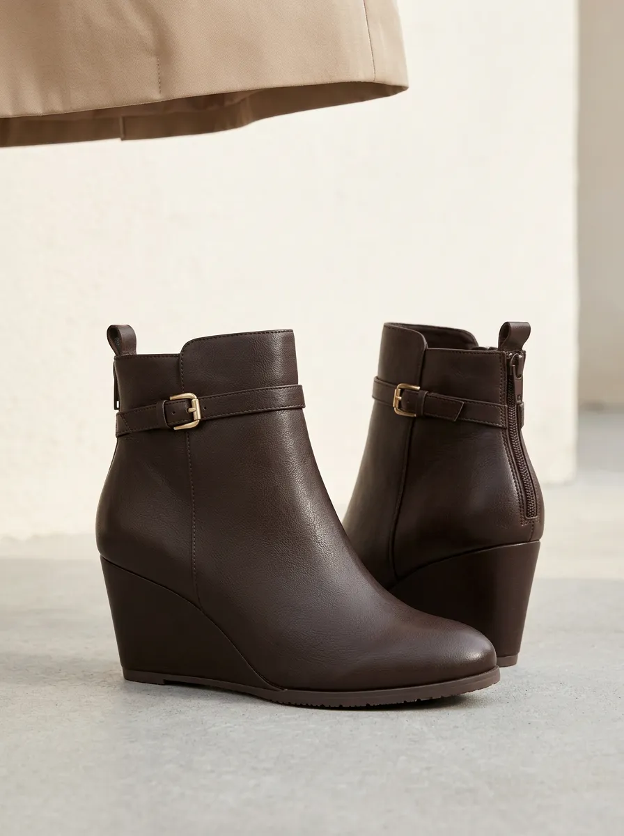 Buckle-Strap Leather-Look Women's Wedge Ankle Boots