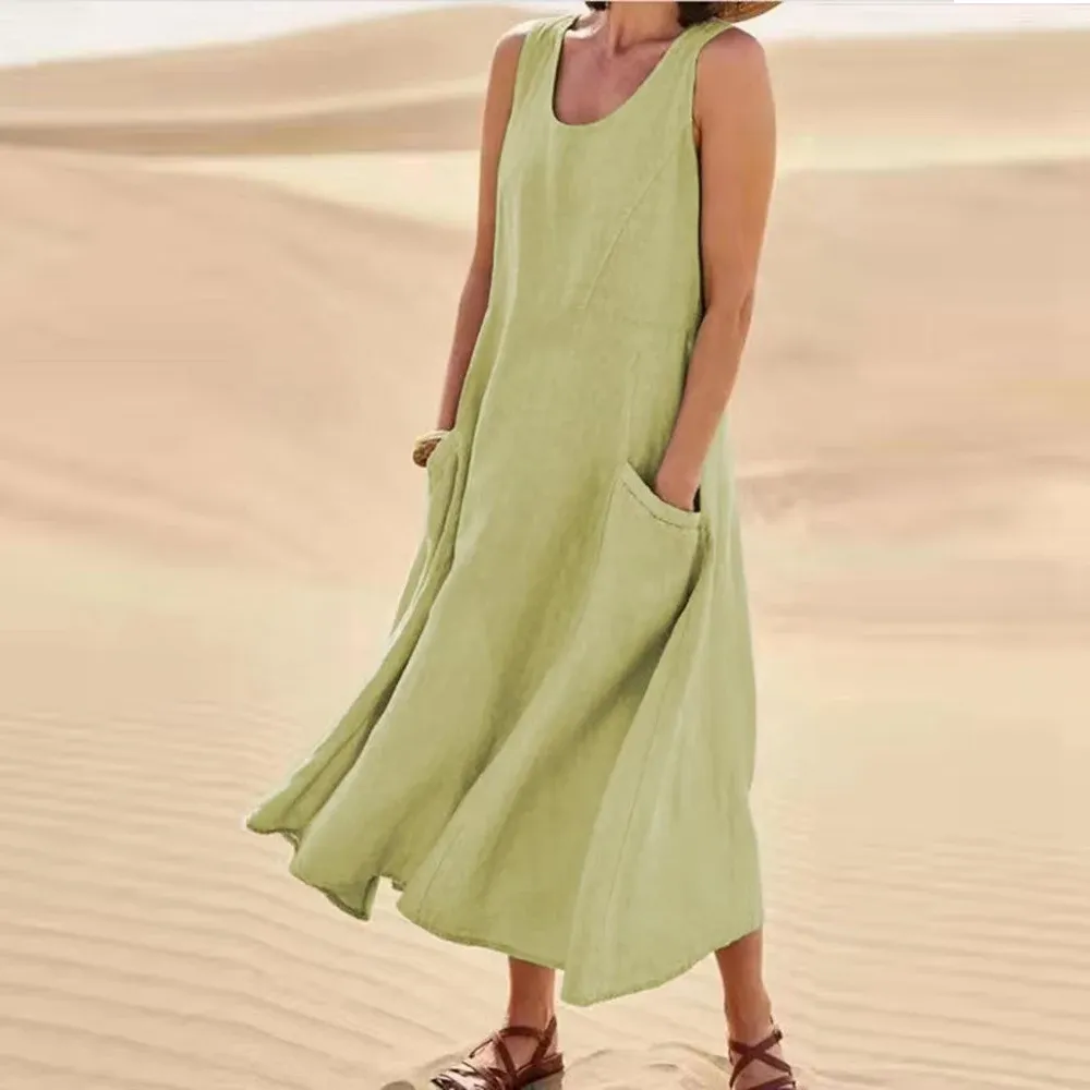 Sleeveless Linen Blend Cotton Blend Maxi Dress