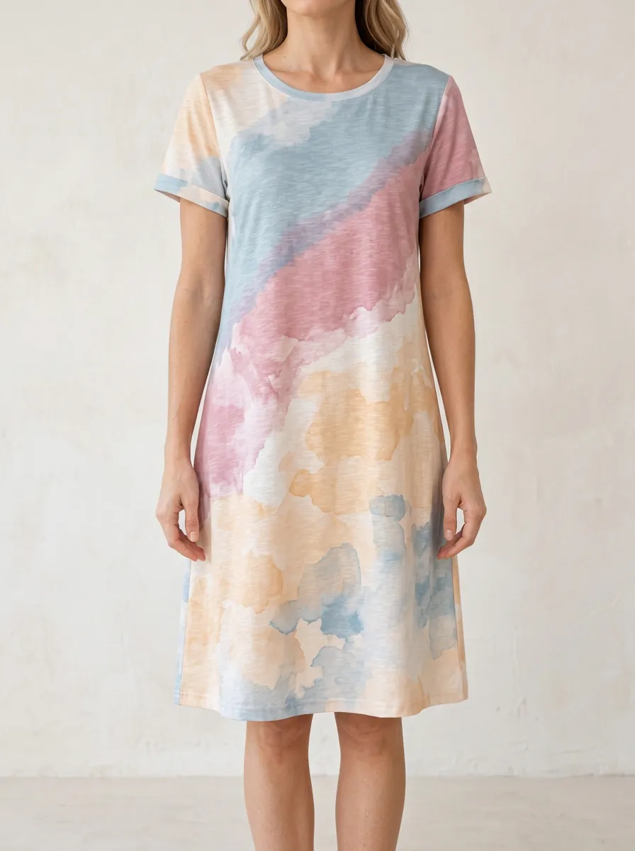 Women's Crew Neck Short Sleeve Watercolor Print T-Shirt Dress