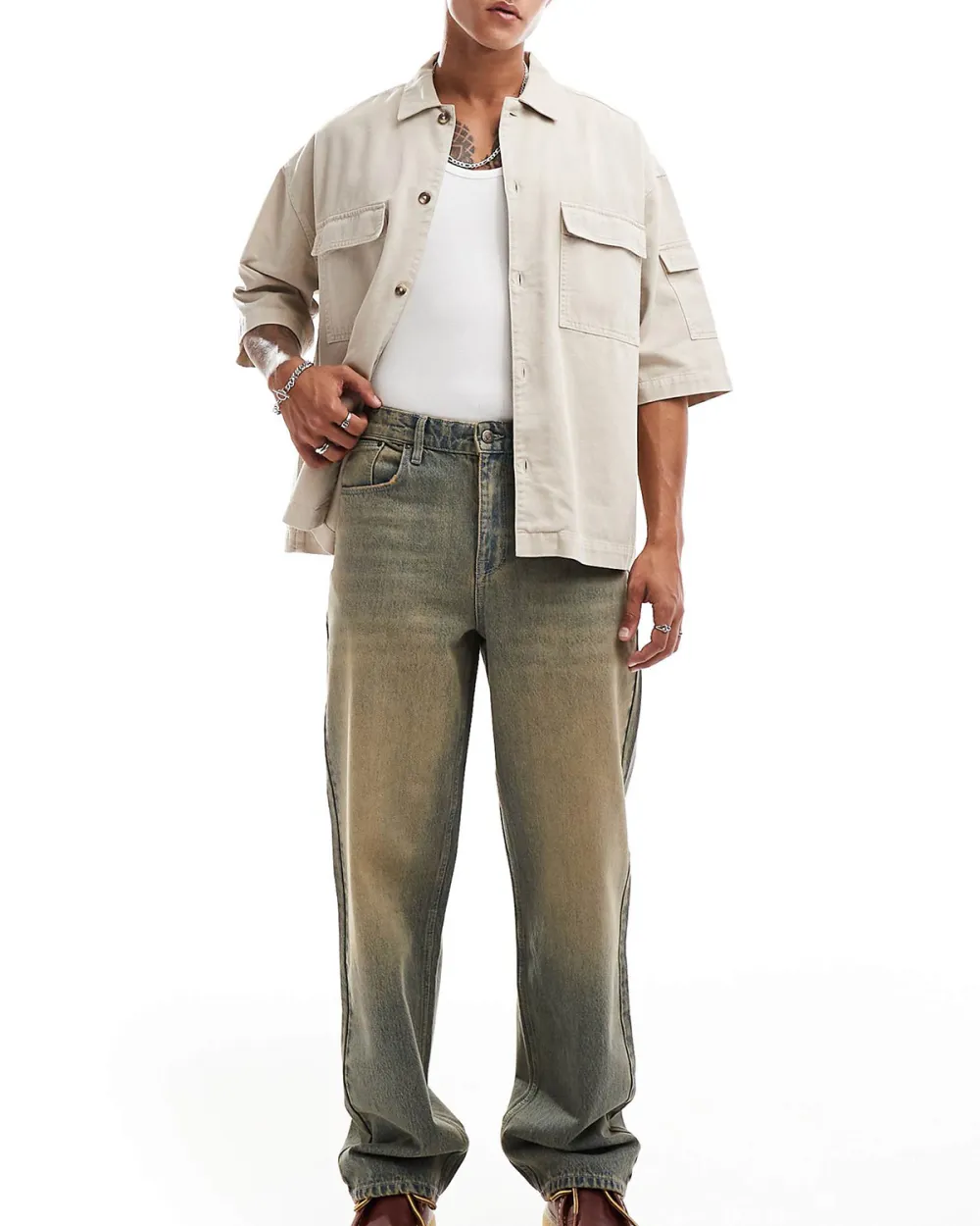 Baggy Jeans With Vintage Brown Tint In Mid Wash Blue