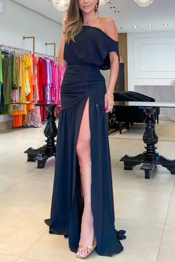 Elegant Ruched One Shoulder Top And Slit Maxi Skirt Set