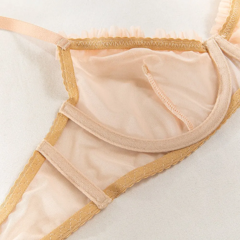 Pleated Mesh Lace Underwire Bra Set